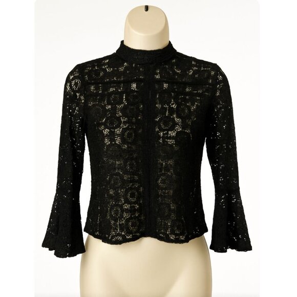 Beulah Style Black Lace Mock Neck top with Trumpet Sleeves - Size S - Picture 2 of 7